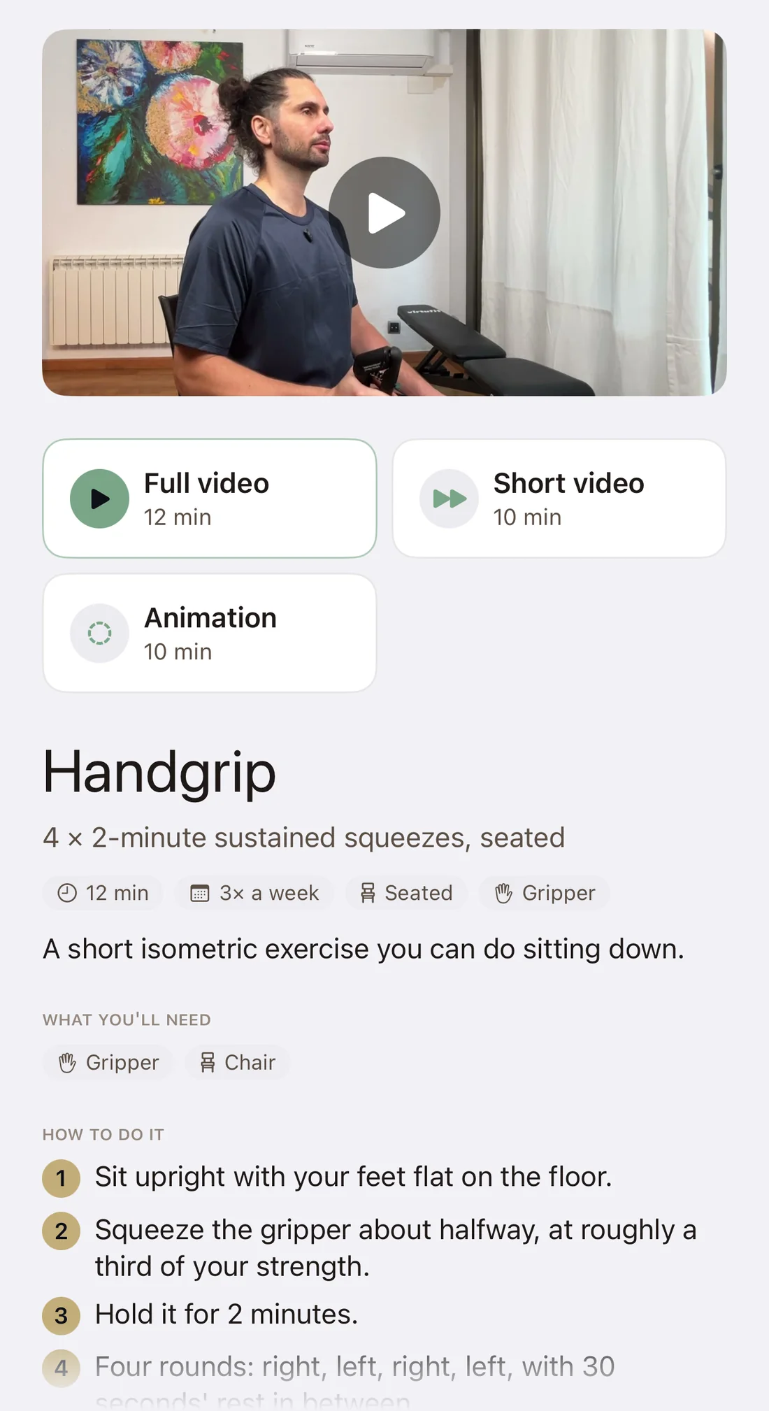 Handgrip exercise screen with a video, what you need and step-by-step instructions