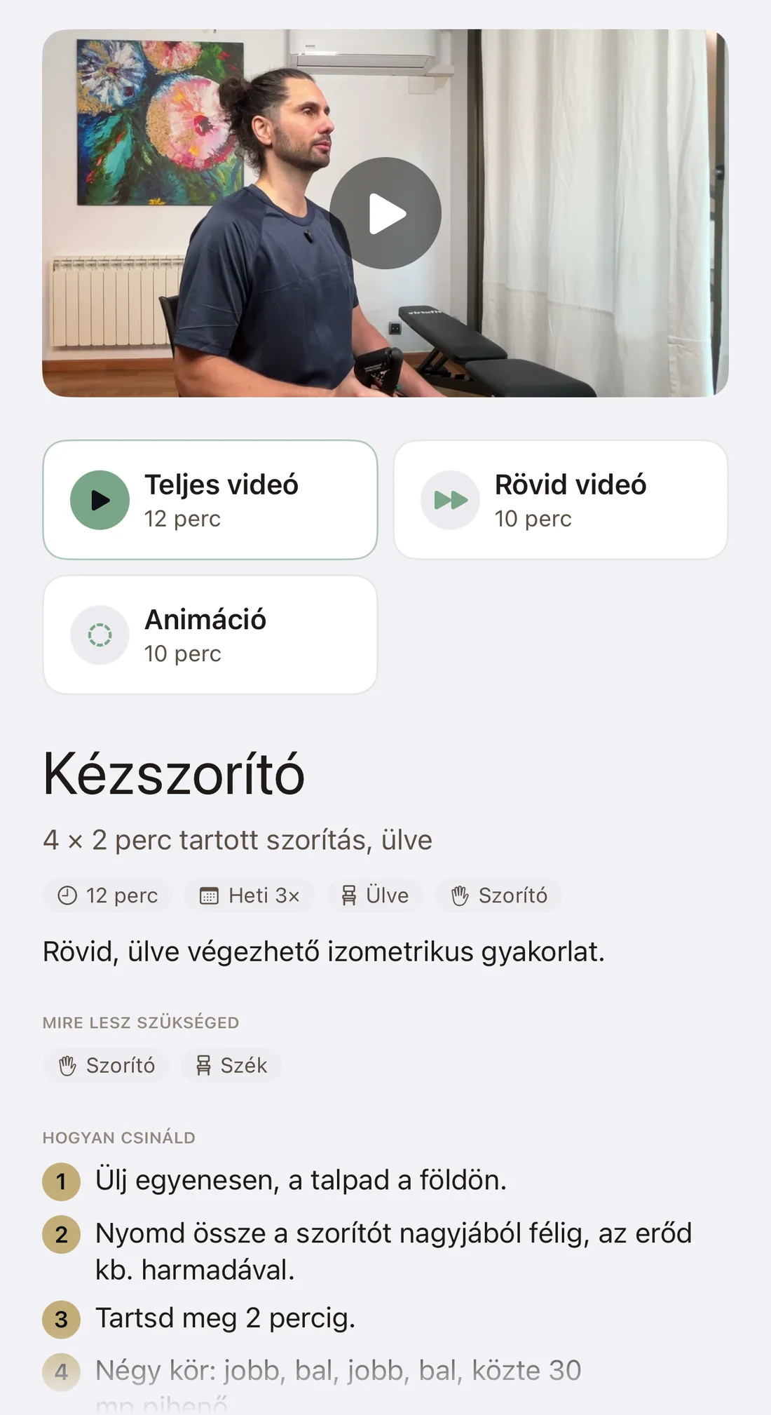 Kézszorító gyakorlat képernyője videóval, szükséges eszközökkel és lépésenkénti leírással