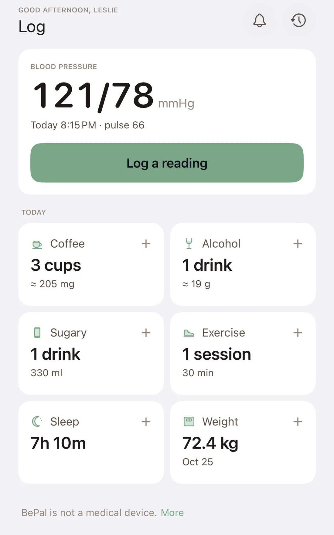 BePal Log screen with a blood pressure reading and today's drinks, sleep, exercise and weight