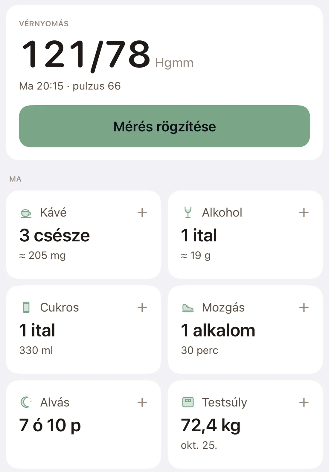 A mai csempék kávé, alkohol, cukros italok, mozgás, alvás és testsúly adataival